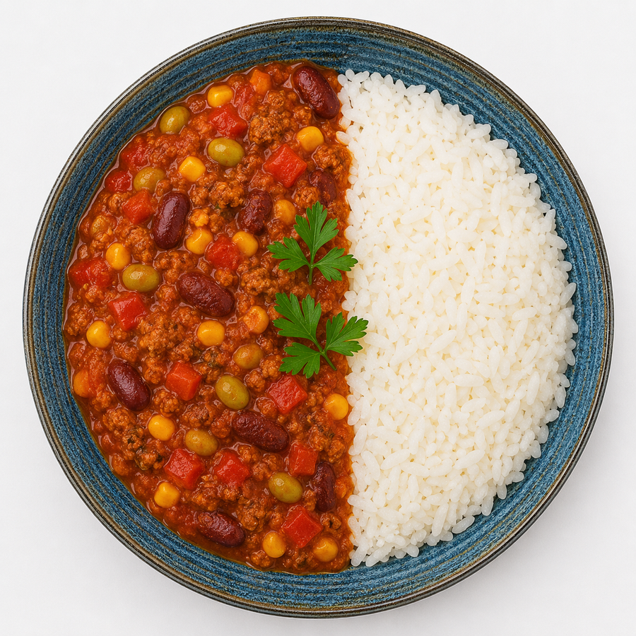 Yellow curry with jasmine rice and various vegetables