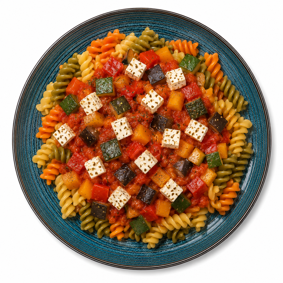 Fusili Tricolore mit Ratatouille in Tomatensauce und Hirtenkäse