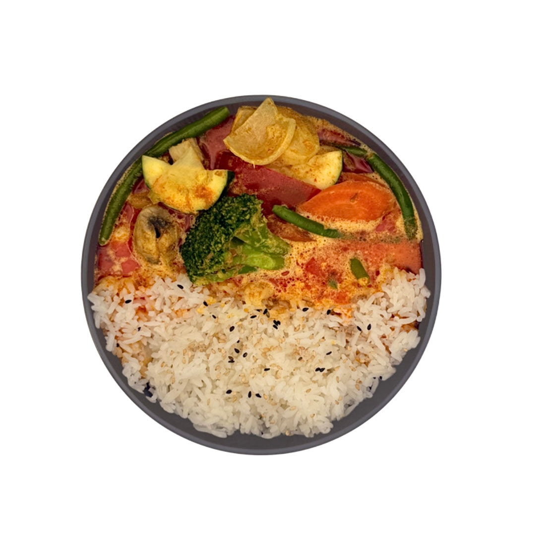 Yellow curry with jasmine rice and various vegetables