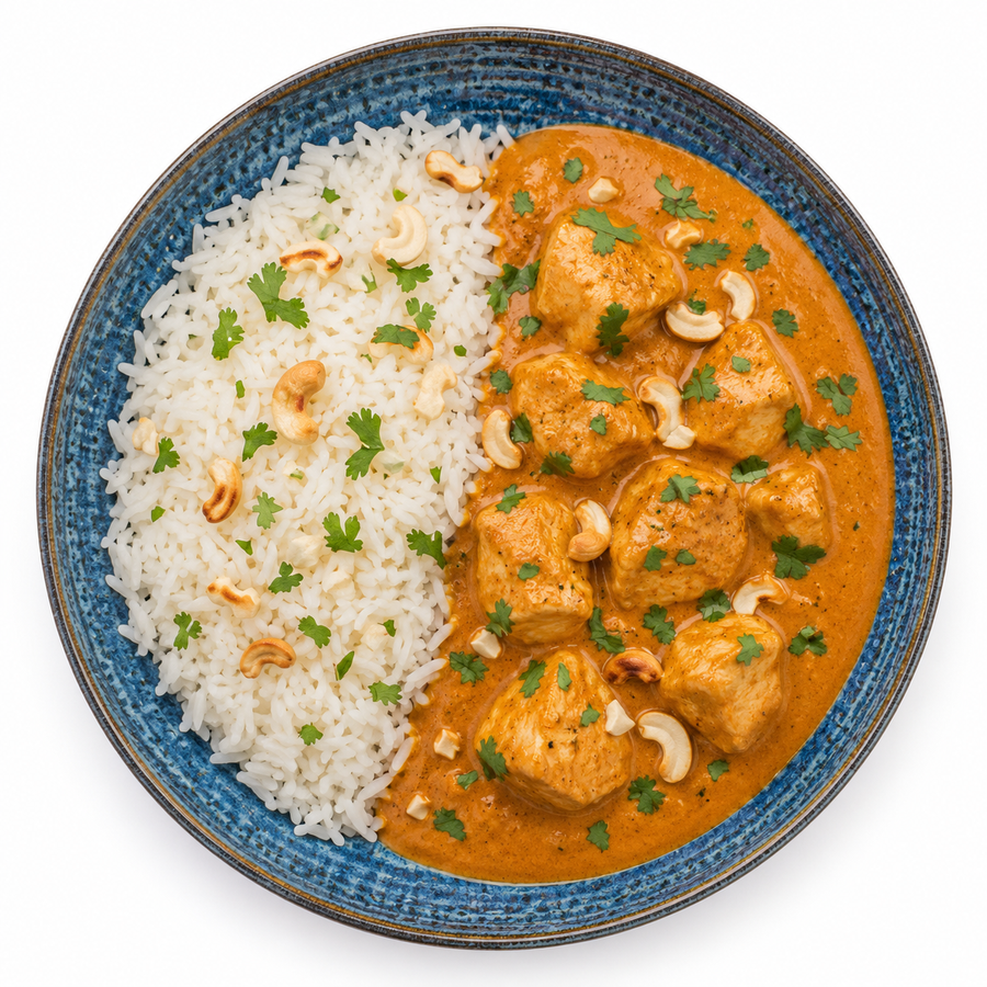 Indisches Butter Chicken mit Reis, Koriander und geröstete Cashews