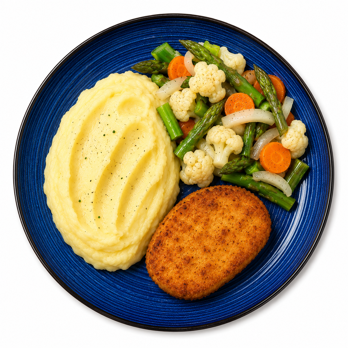 Kartoffelpüree mit vegetarischem Schnitzel und Brasserie