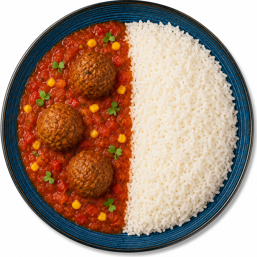 Rinderhackfleischbällchen in Tomatensauce und Reis