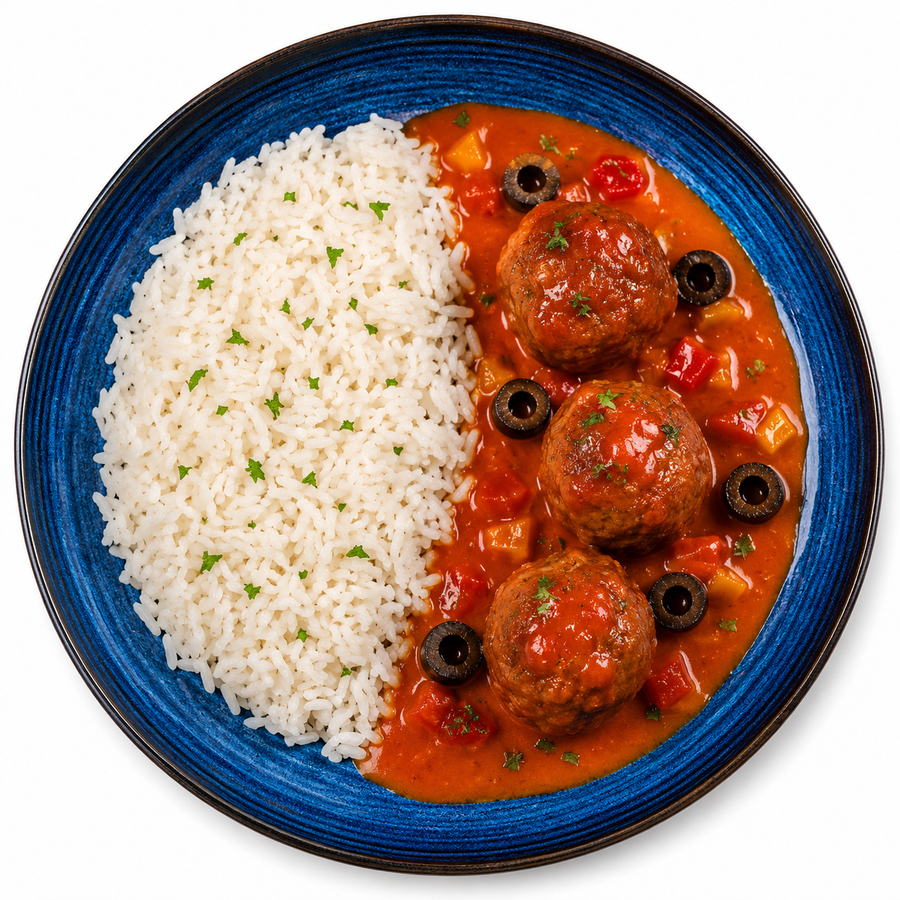 Rindhackfleischbällchen in Tomaten-Maracuja-Sauce und Reis