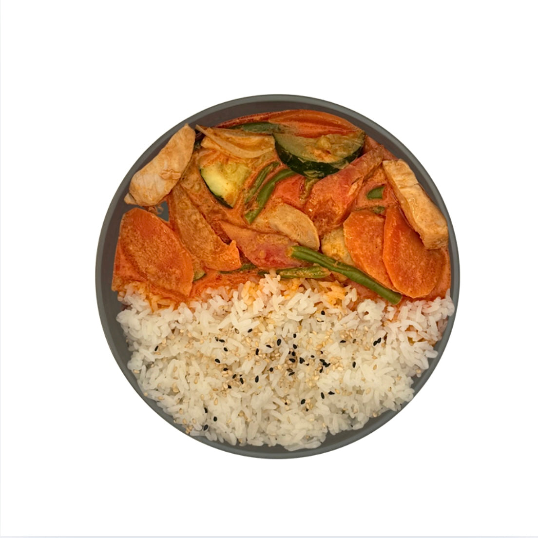 Yellow curry with jasmine rice and various vegetables