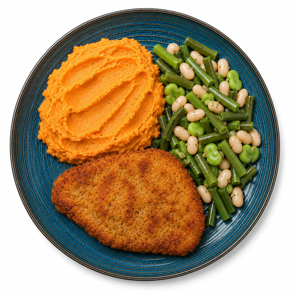 Süßkartoffelstampf mit vegetarischem Schnitzel und Bohnengemüse