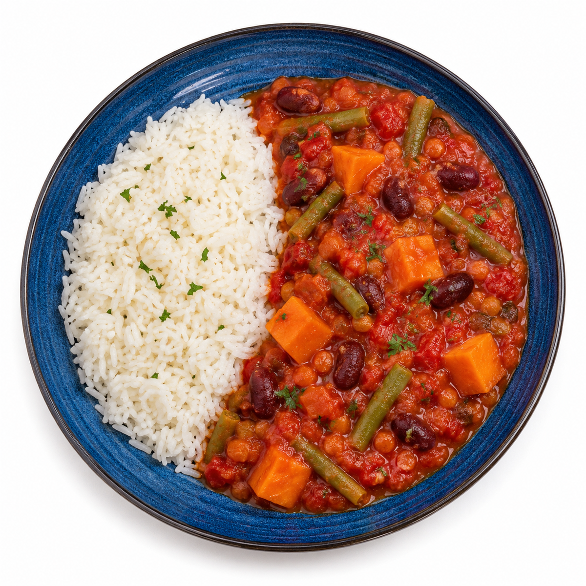 Yellow curry with jasmine rice and various vegetables