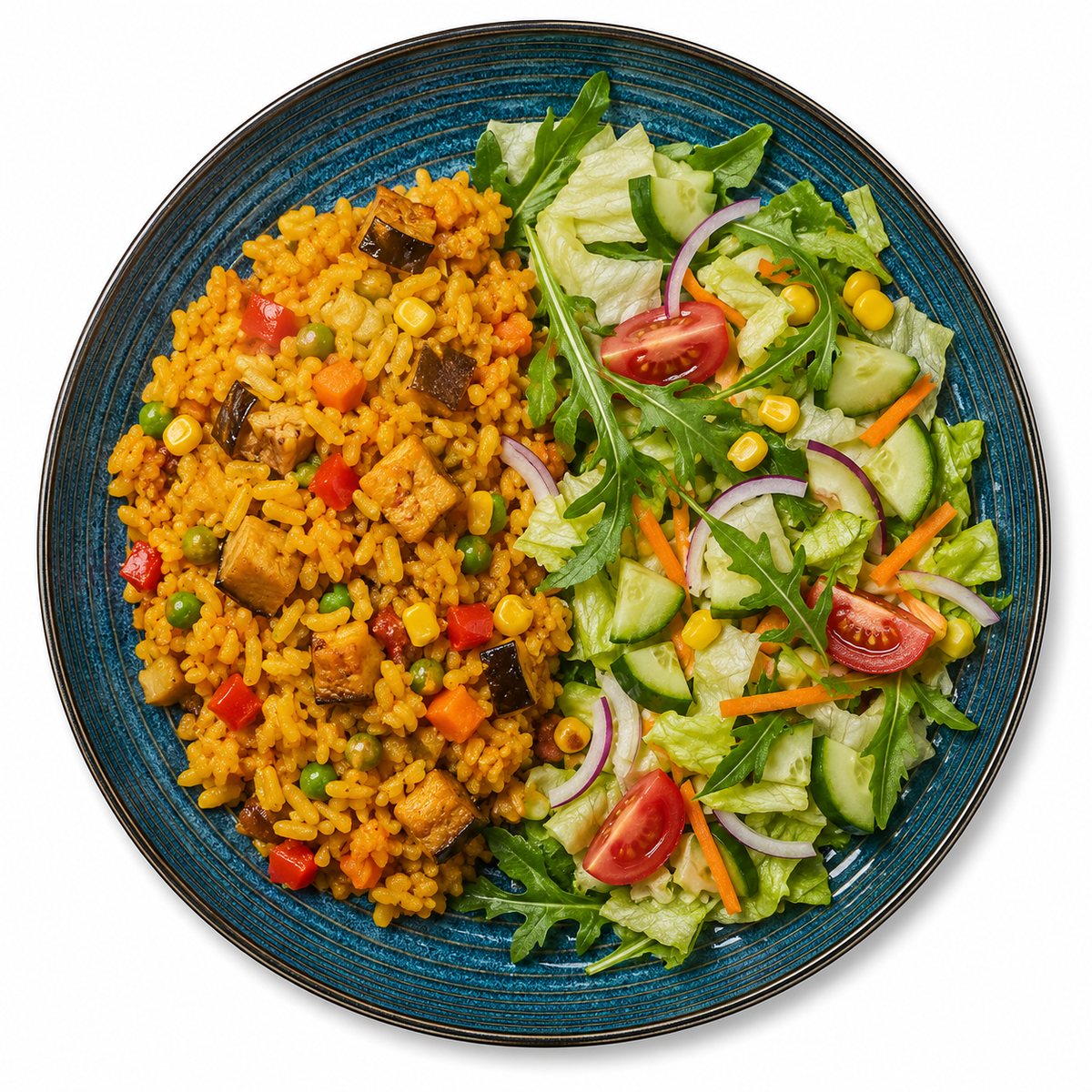 Veganes Gemüse Paella mit beilagen Salat