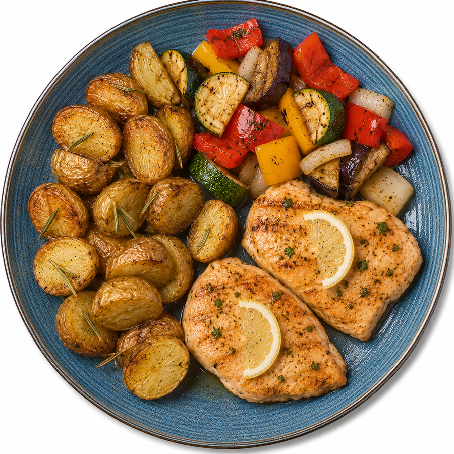 Zitronenhähnchen mit Rosmarinkartoffeln und Grillgemüse