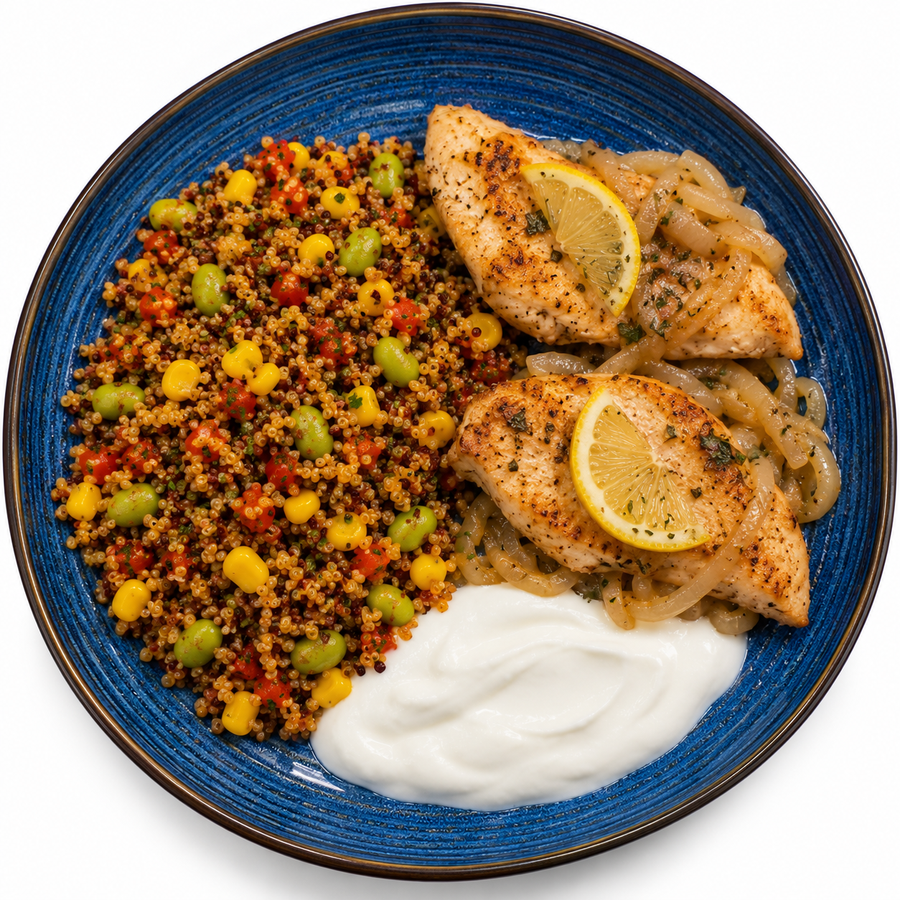 Zitronenhähnchen mit buntem Quinoa und Joghurt-Dip